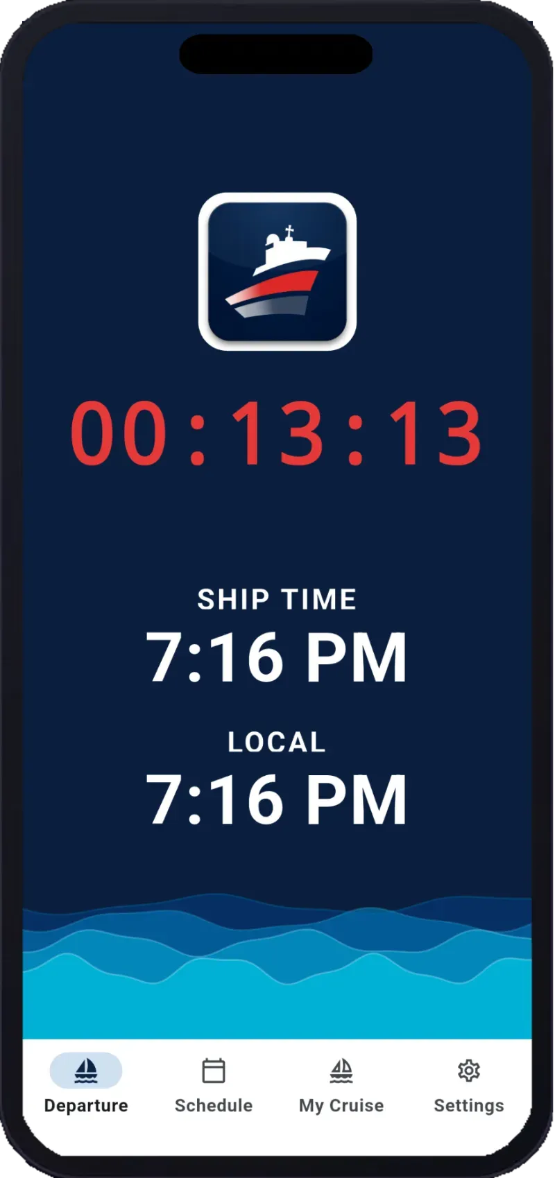 AboardAlert countdown showing ship time and local time
