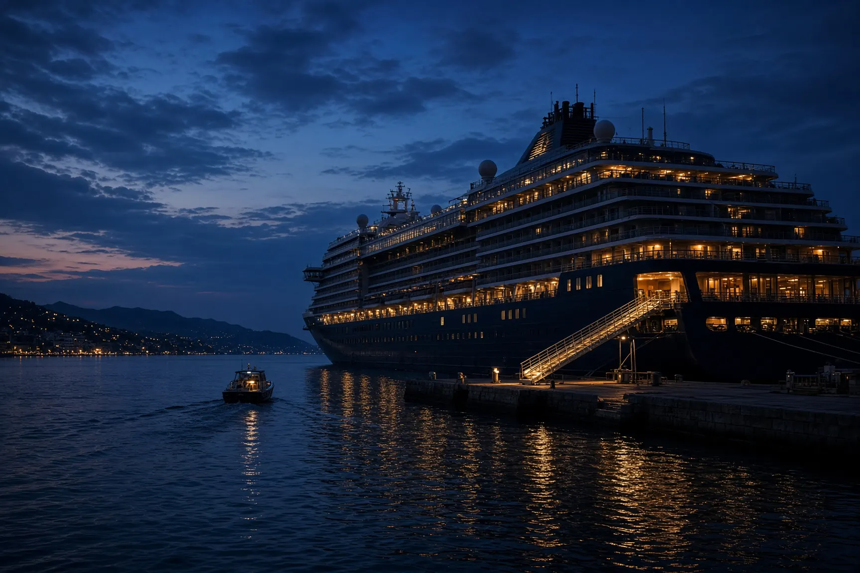 Cruise ship at a foreign port at dusk, gangway lit