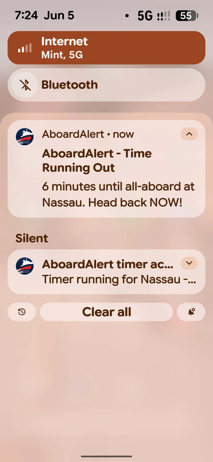 Android notification: 6 minutes until all-aboard at Nassau