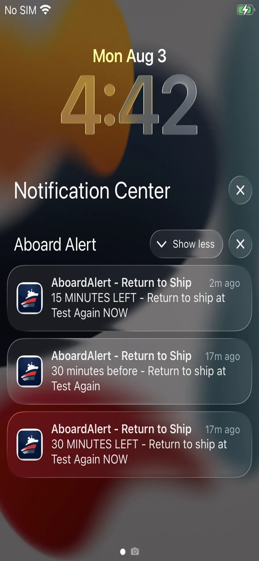 iPhone Notification Center: AboardAlert return-to-ship alerts at 15 and 30 minutes