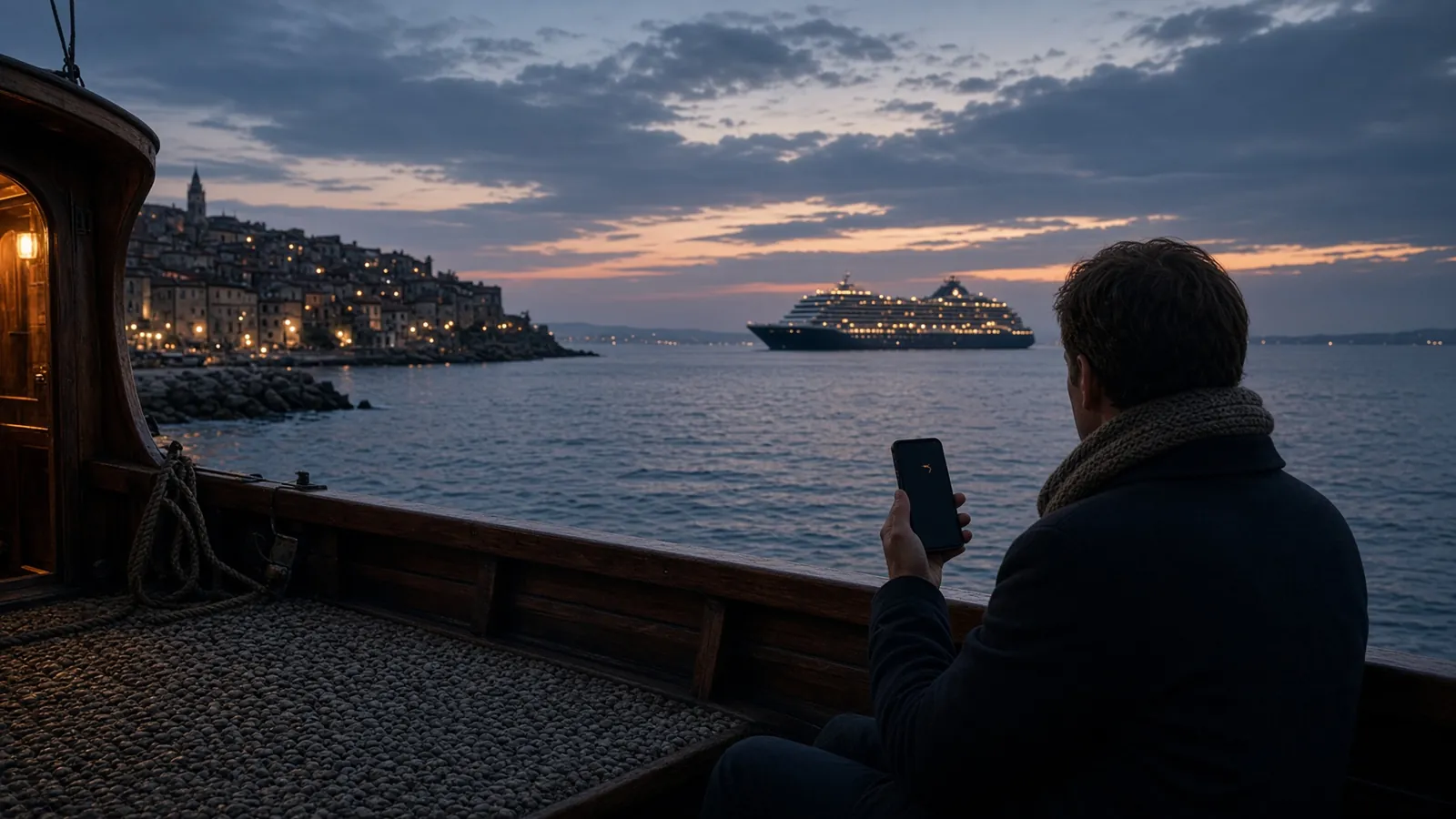Passenger looking toward the ship from a harbor street, phone in hand