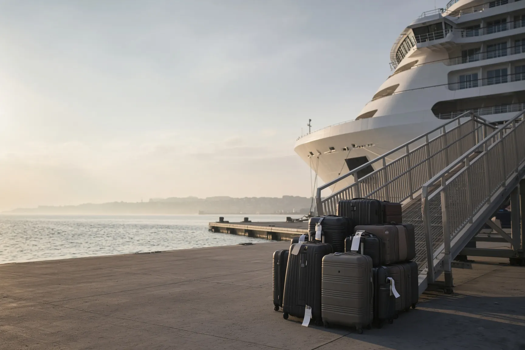 Cruise terminal at morning, luggage waiting by a gangway