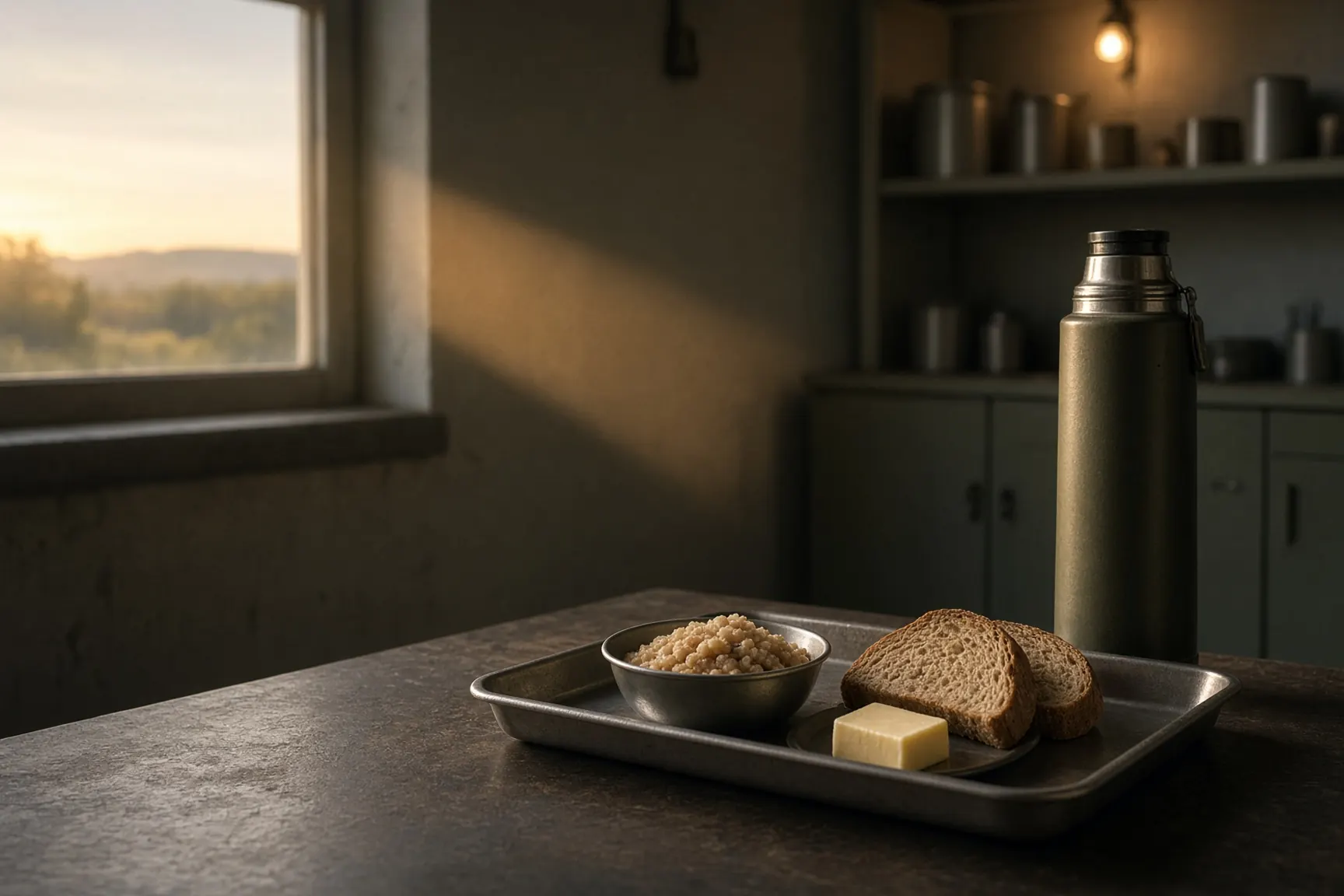 Barracks kitchen tray and thermos at dawn