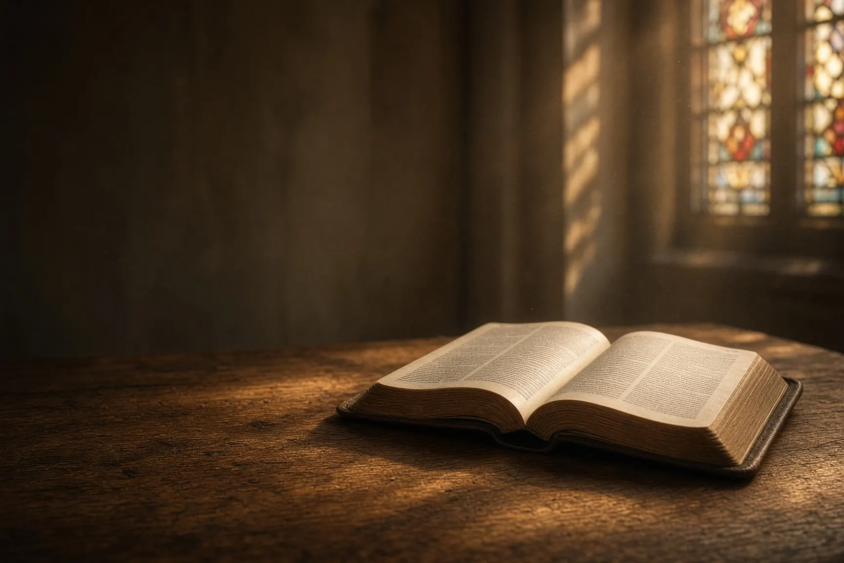 Open Bible on an oak table in dawn stained-glass light