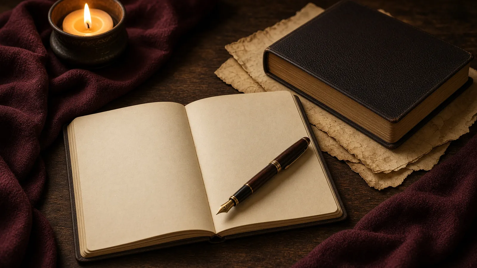 Open blank journal with a fountain pen beside a lit candle and a closed book on a dark wooden table