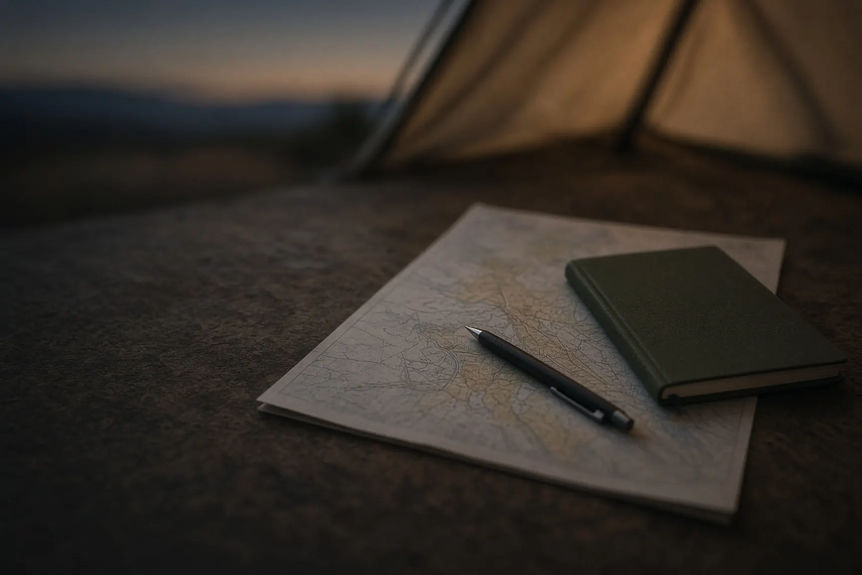 Field table with a map and notebook at dusk