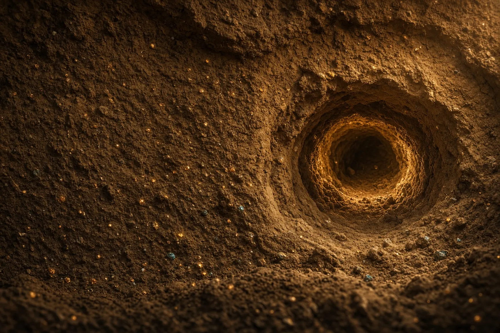 Cutaway of warm earth with gem glints in a burrow