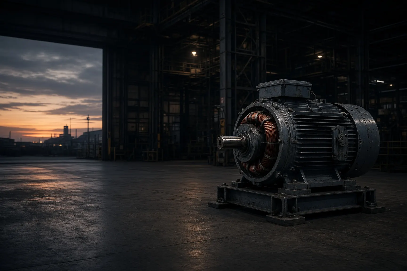 Electric motor on a factory floor at dusk