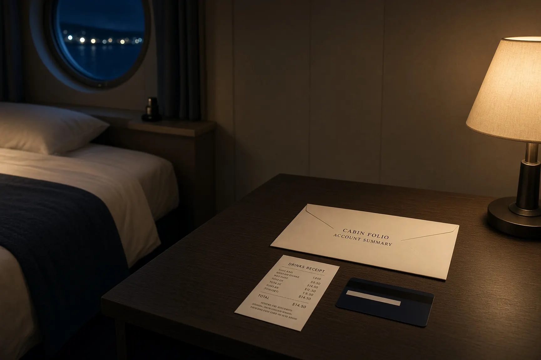Cruise cabin desk at night with a folio envelope and a drink receipt