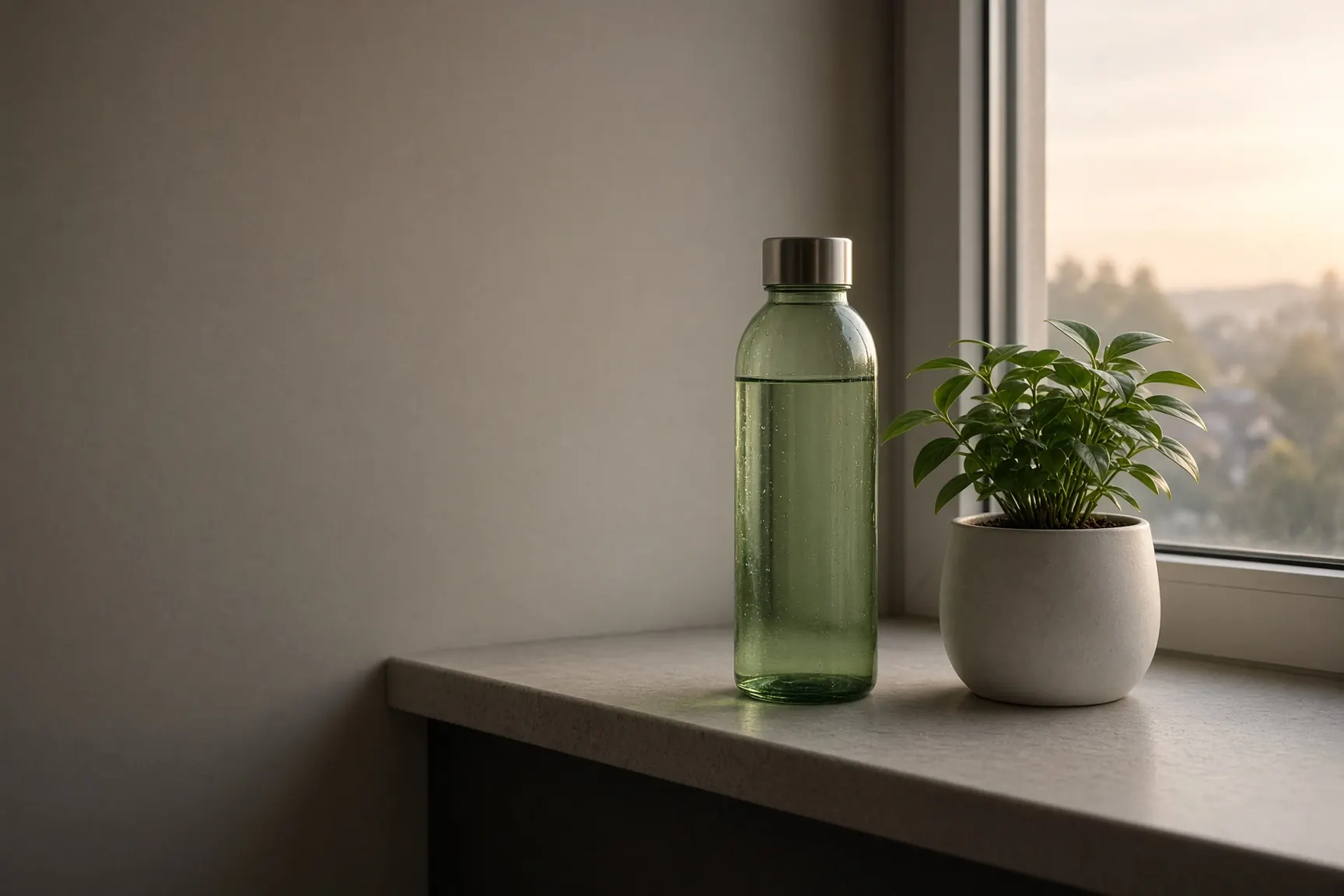 Reusable bottle and a small plant on a kitchen windowsill at dawn