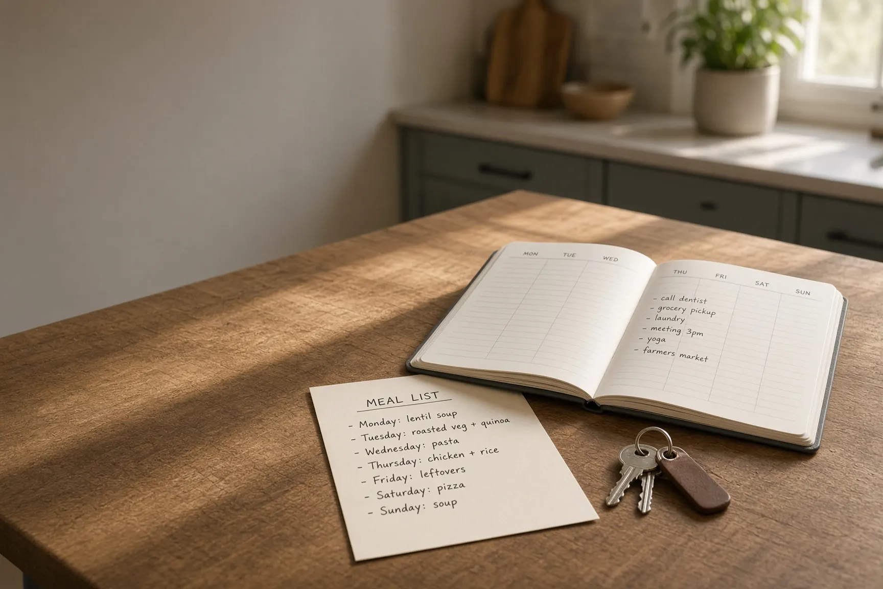 Kitchen table with a weekly planner, a meal list, and house keys