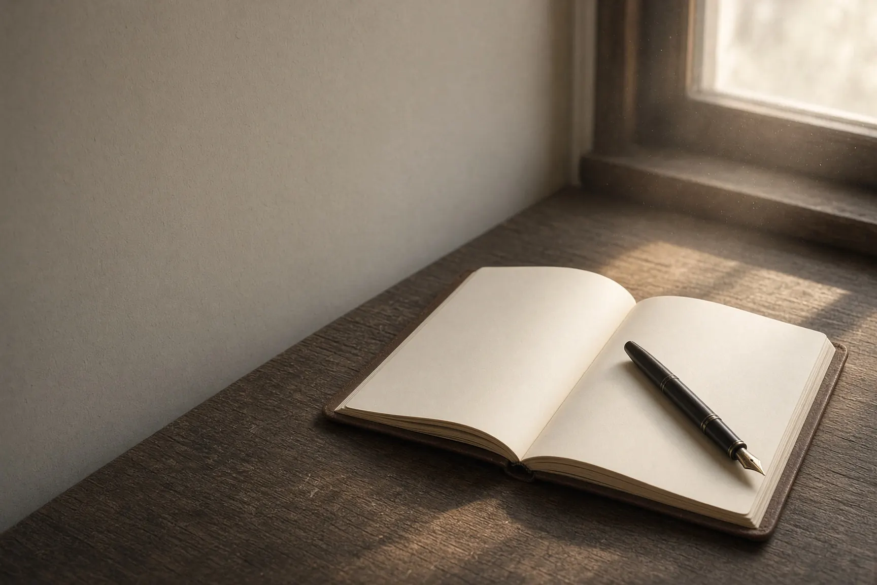 Open leather journal and fountain pen in morning light