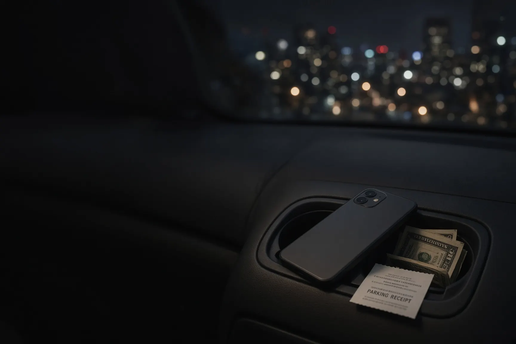 Night drives: cash, a receipt, city lights through a windshield