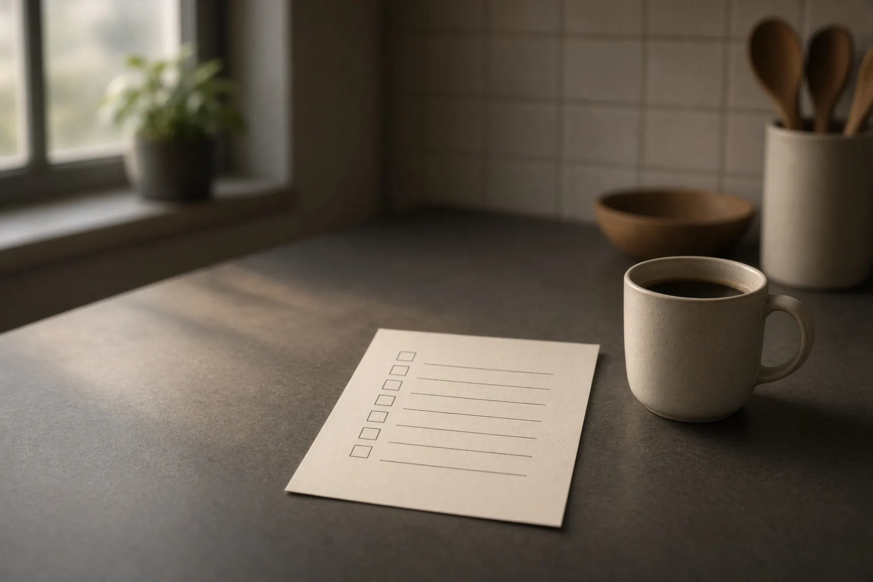 Morning checklist and coffee, calm discipline