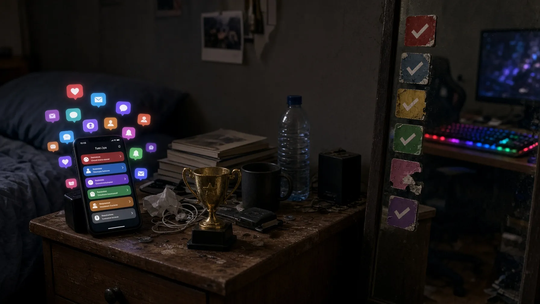 Nightstand of trophies, stickers, and glowing habit nags