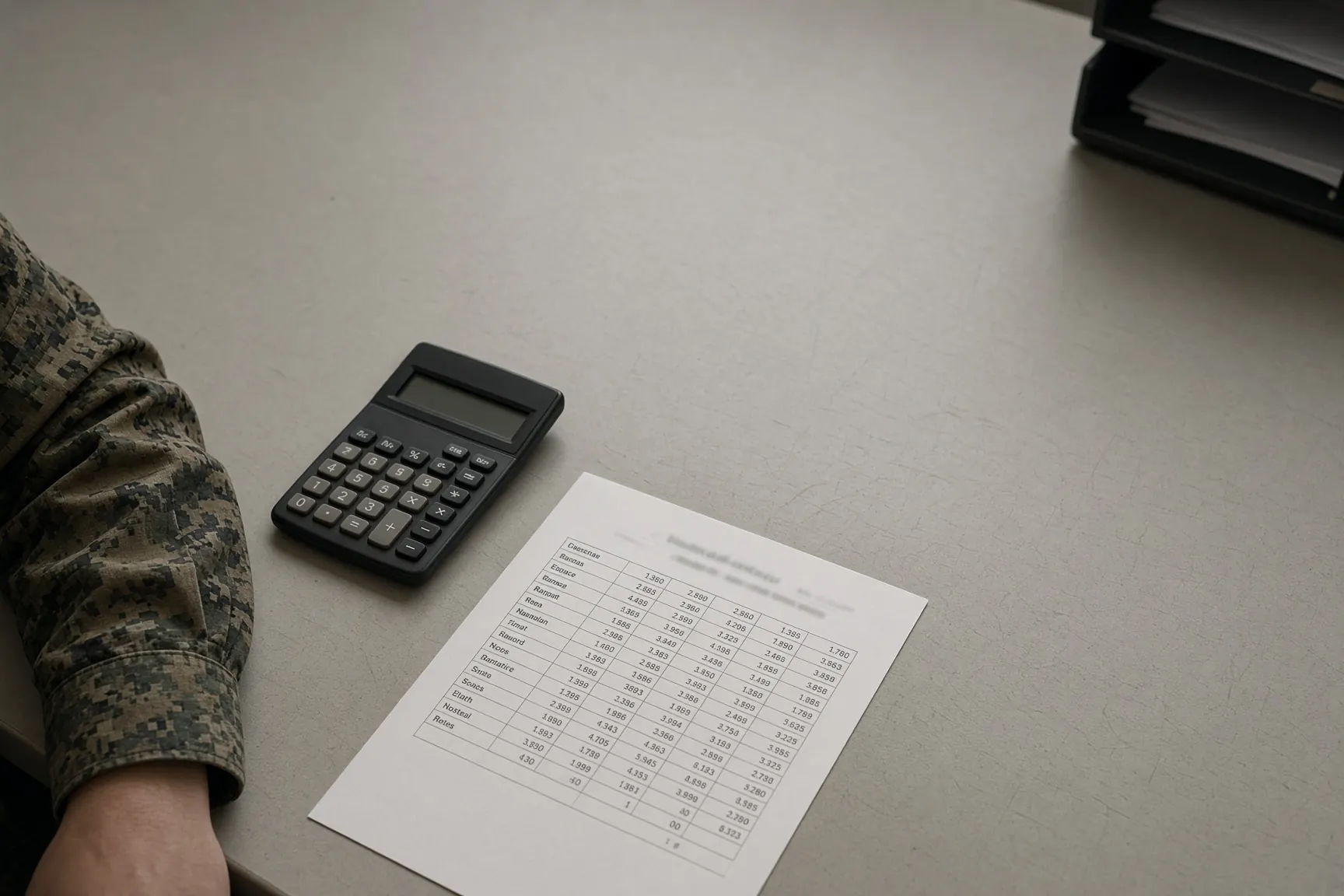 Marine admin desk with a calculator and a score sheet