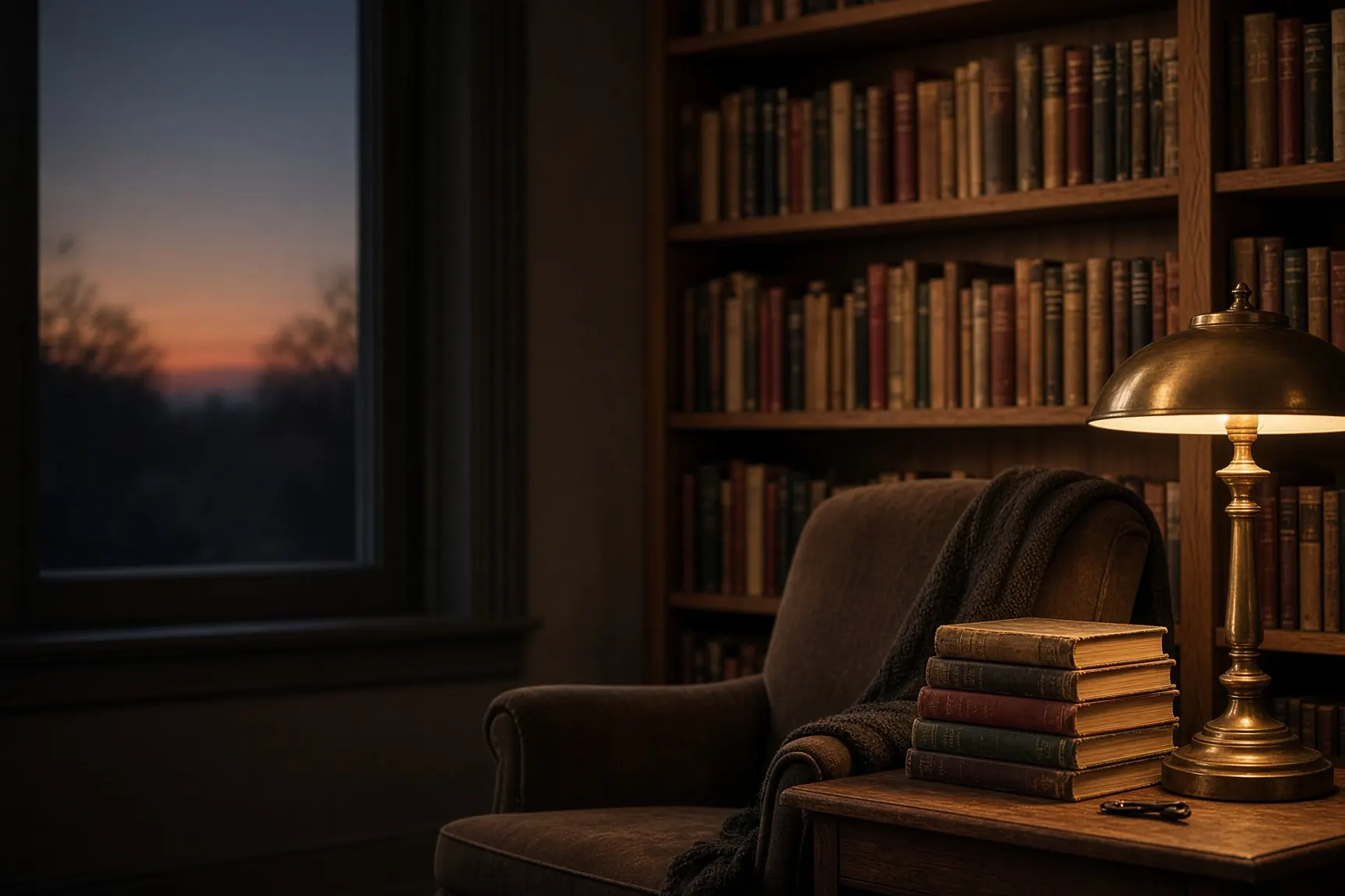 Quiet home library with a lamp and a stack of books