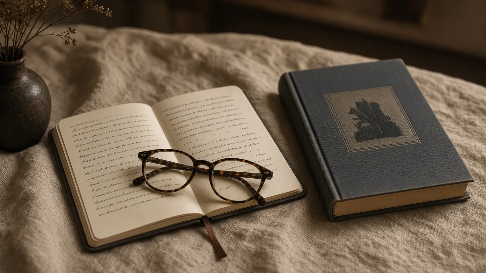 Open lined notebook with reading glasses resting on it beside a closed hardcover book