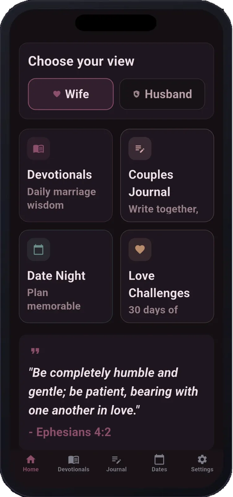 Wife view home screen with devotionals, journal, date night, and love challenges
