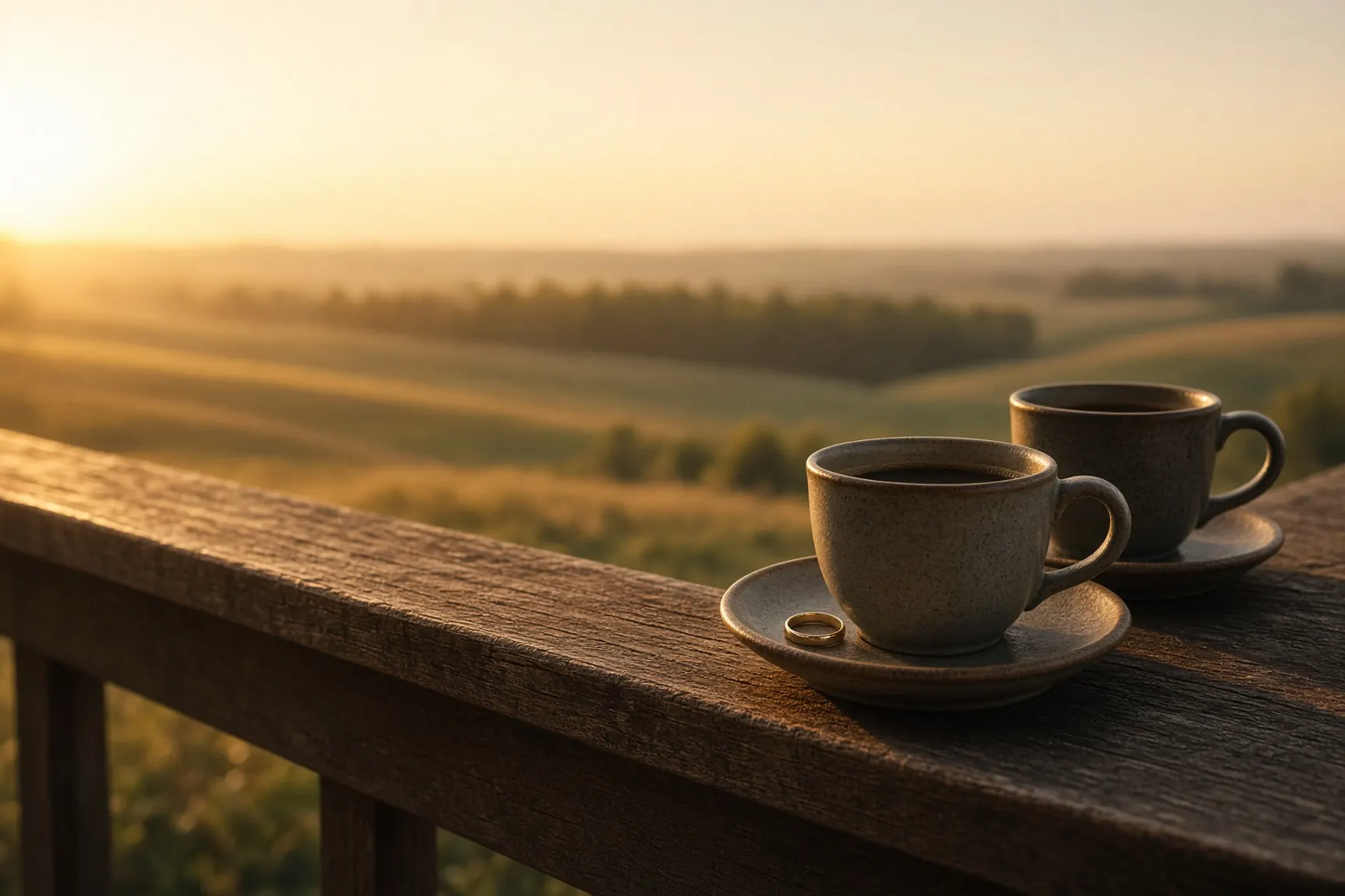 Two coffee cups on a porch rail at golden hour