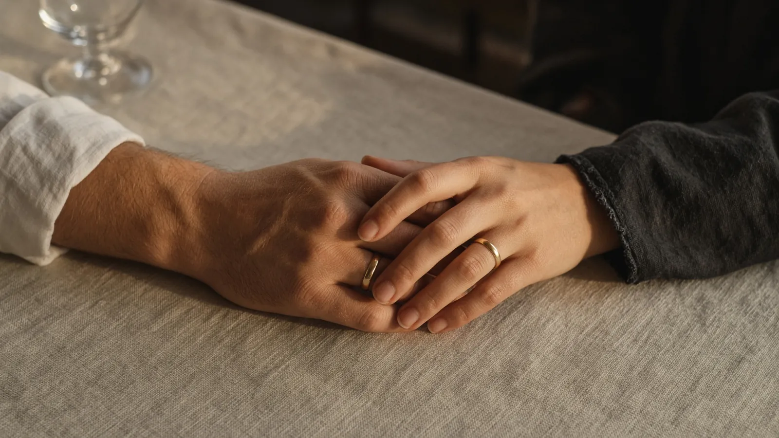 Two people holding hands on a tabletop, one hand wearing a ring