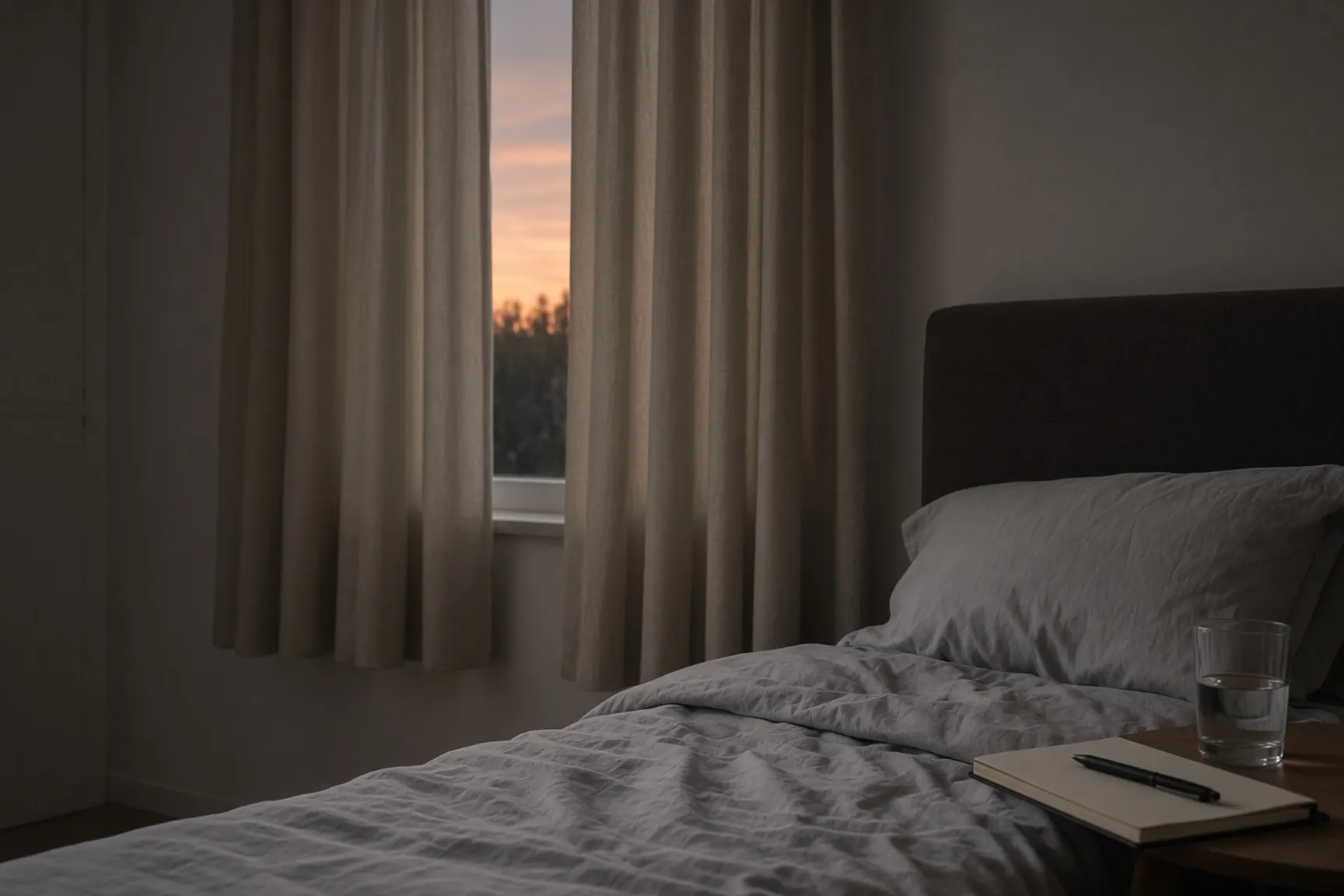 Quiet dark bedroom, water glass and a notebook