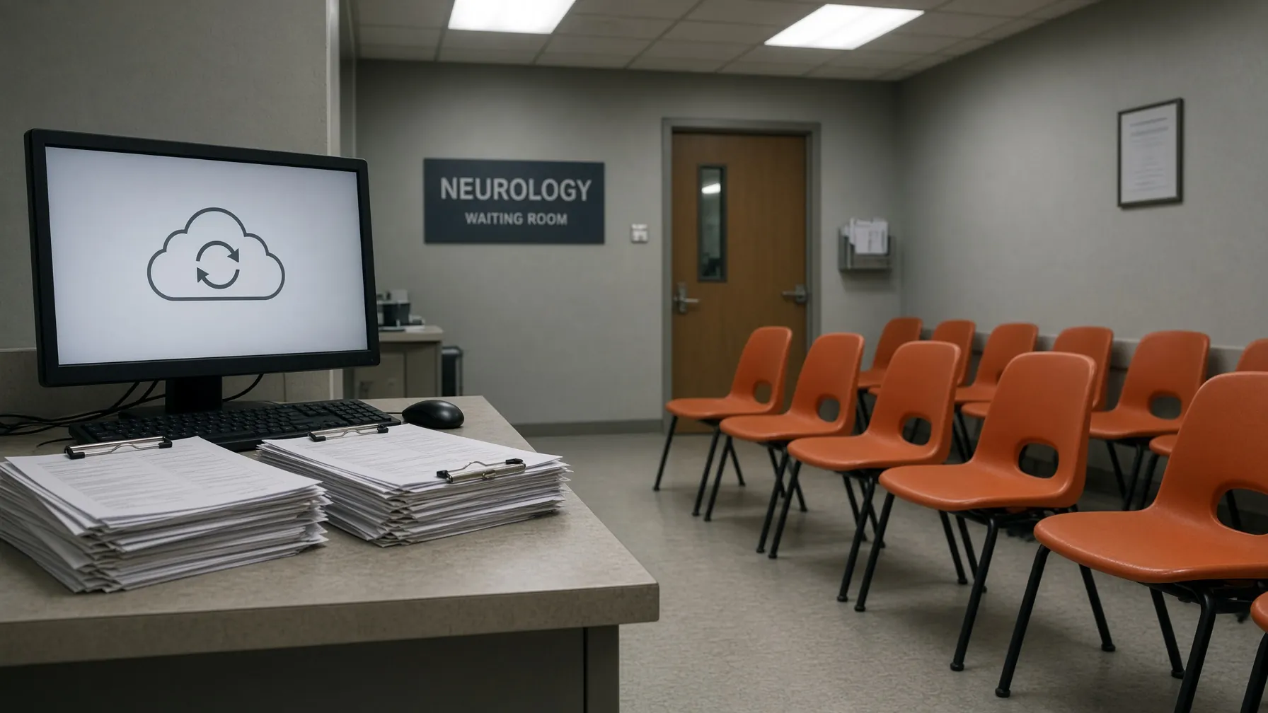 Clinic waiting room and a cloud-sync desktop — the diary on someone else's server