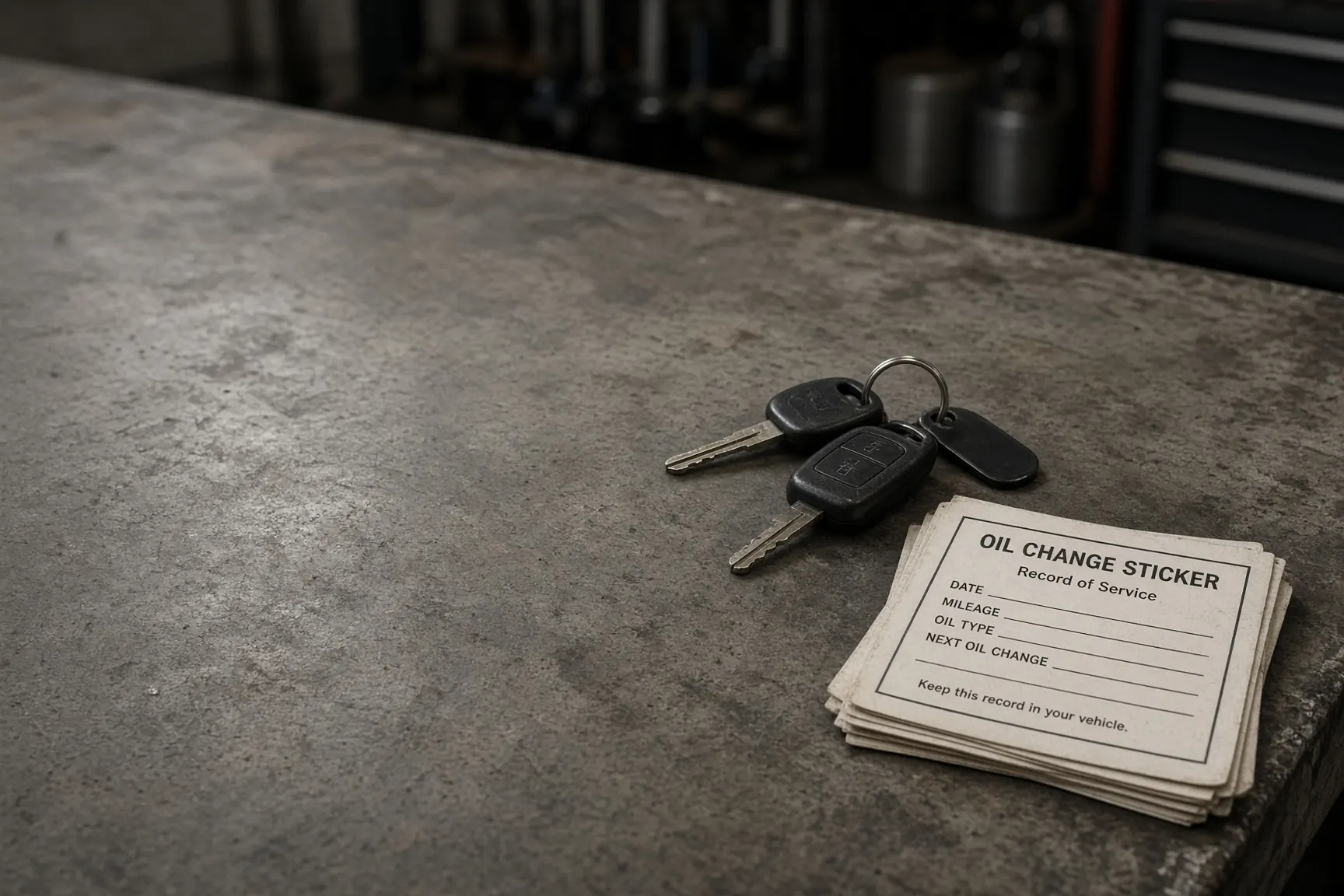 Car keys and an oil-change book on a workbench