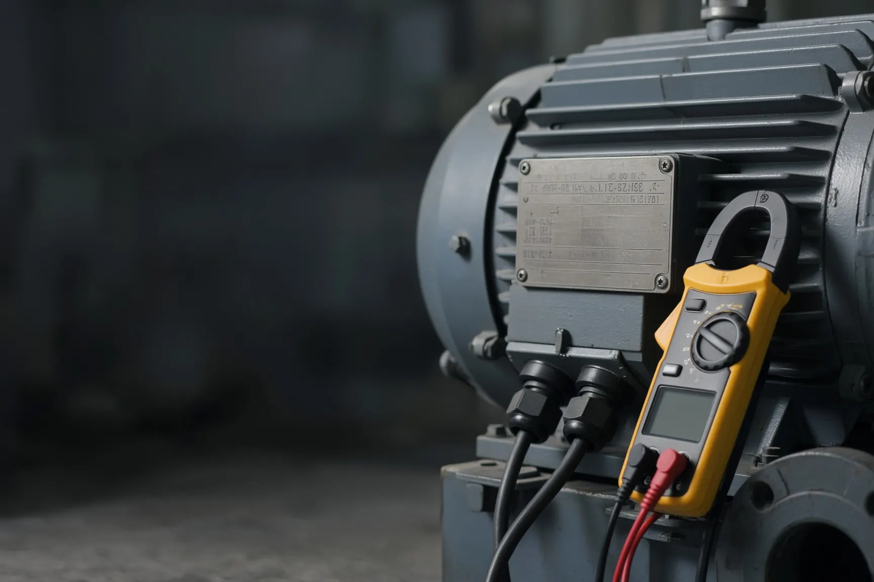 Industrial motor nameplate and a clamp meter