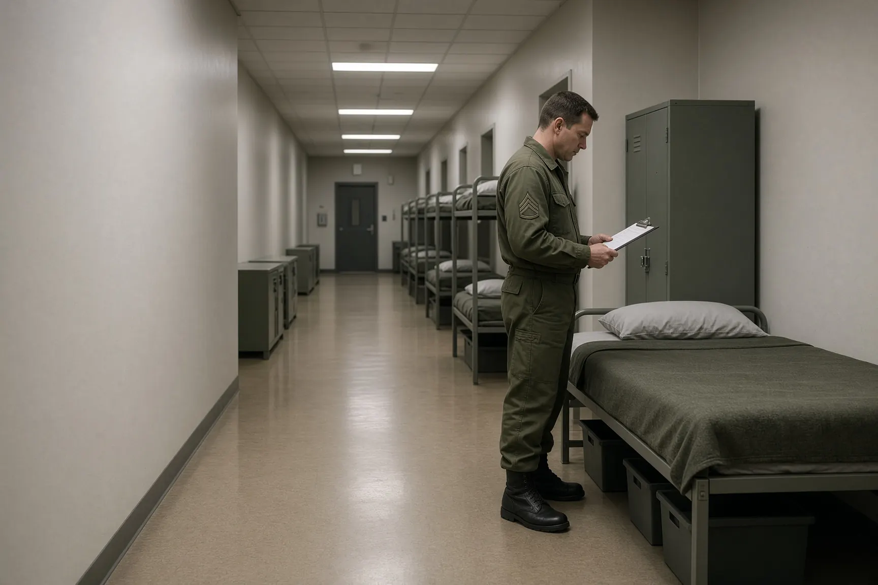 Barracks bunk and a clipboard, inspection-ready