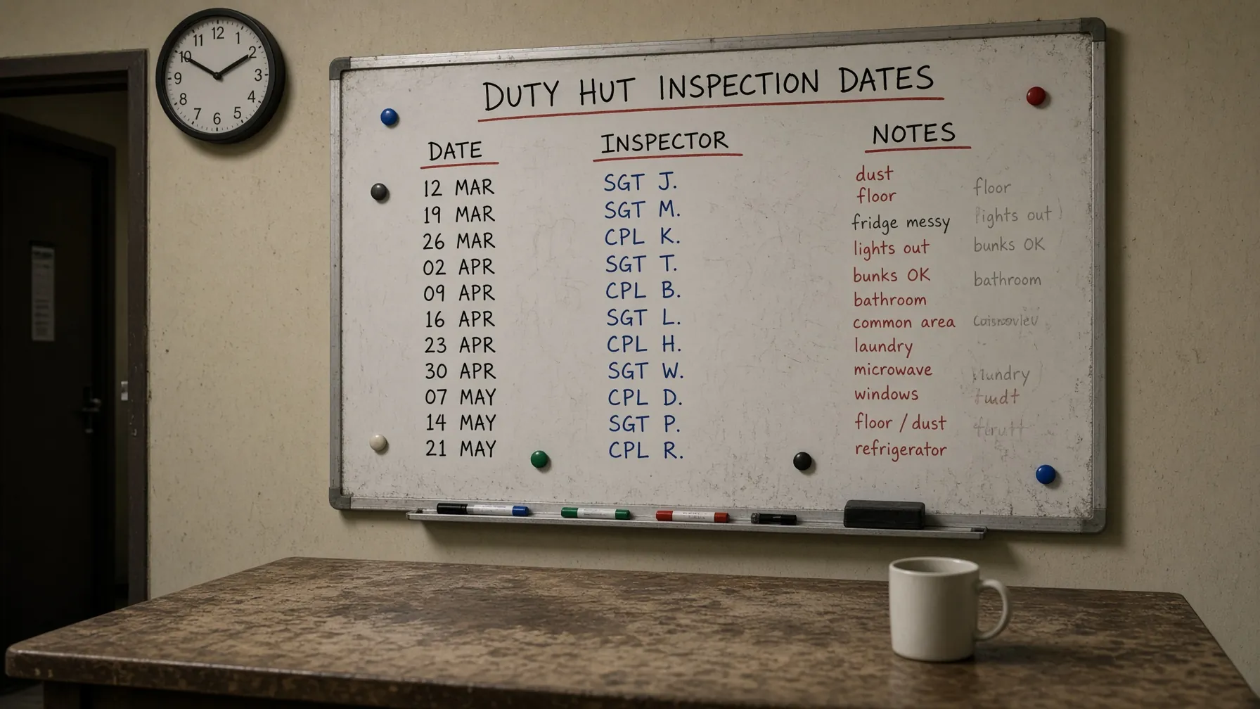 Duty-hut whiteboard of inspection dates you already walked past