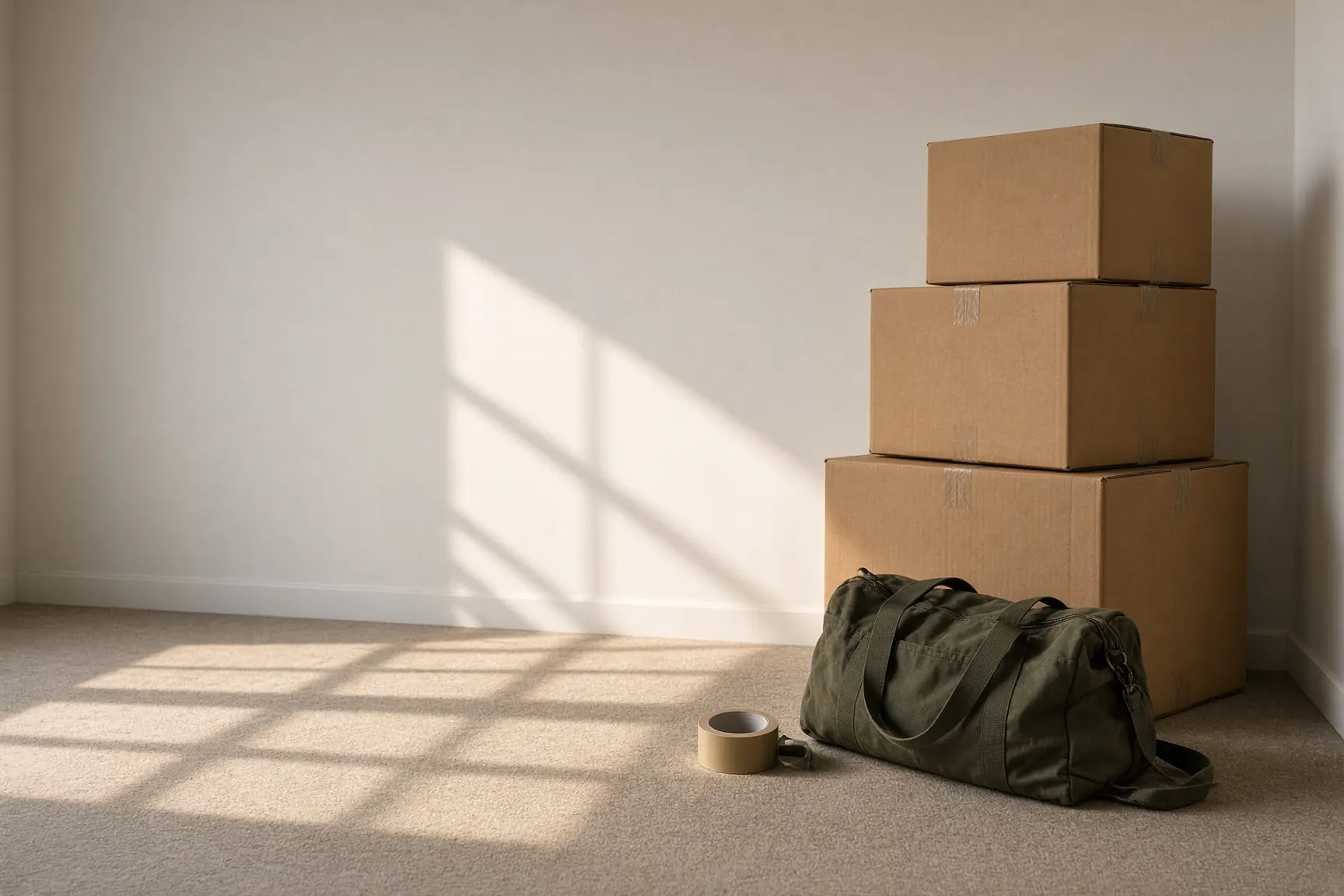 Stacked moving boxes, a duffel, packing tape
