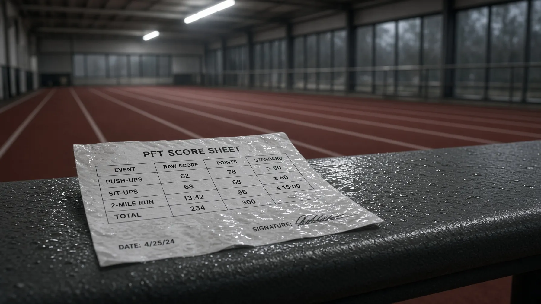 Indoor gym, a soggy printed score sheet