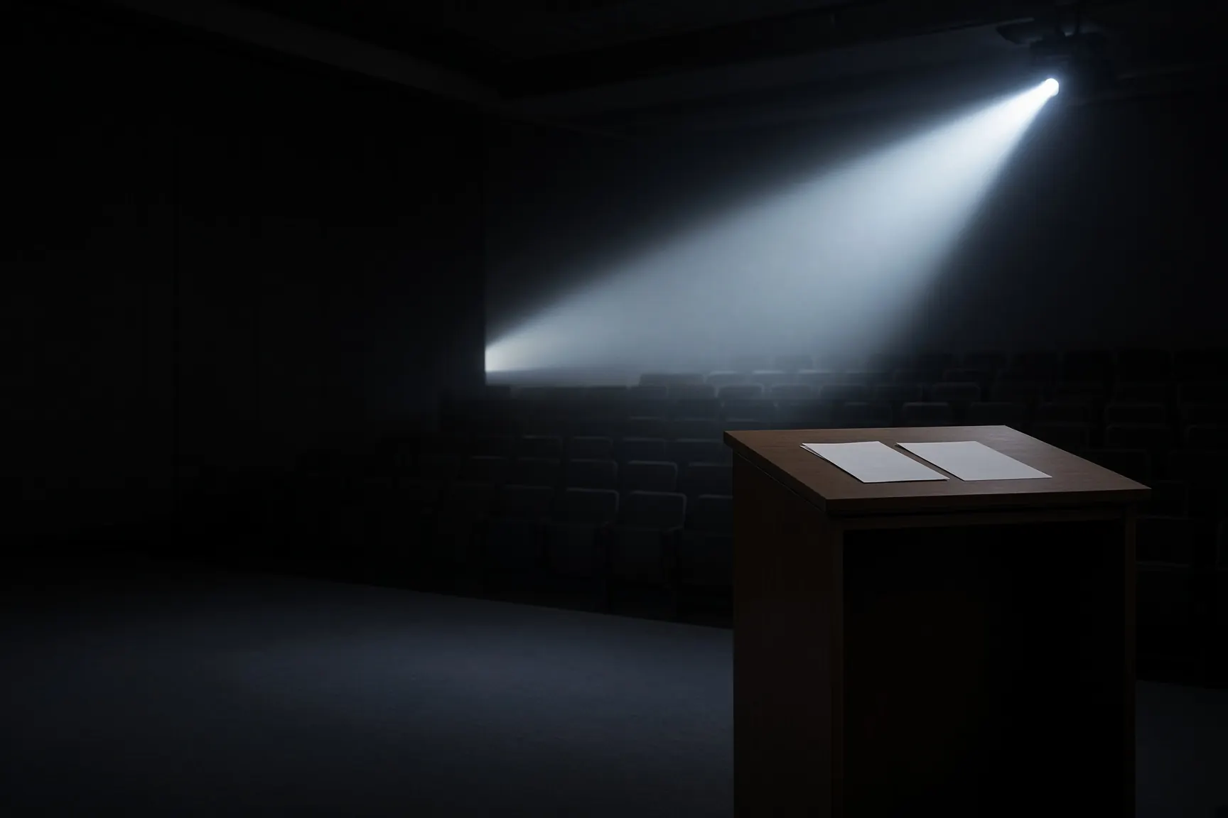 Dark auditorium, projector beam, notes face-down