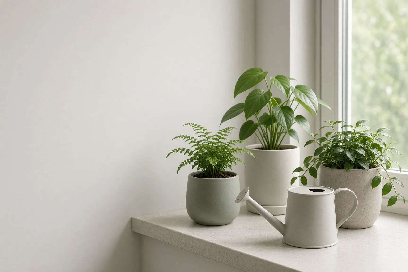 Healthy houseplants and a watering can on a bright windowsill