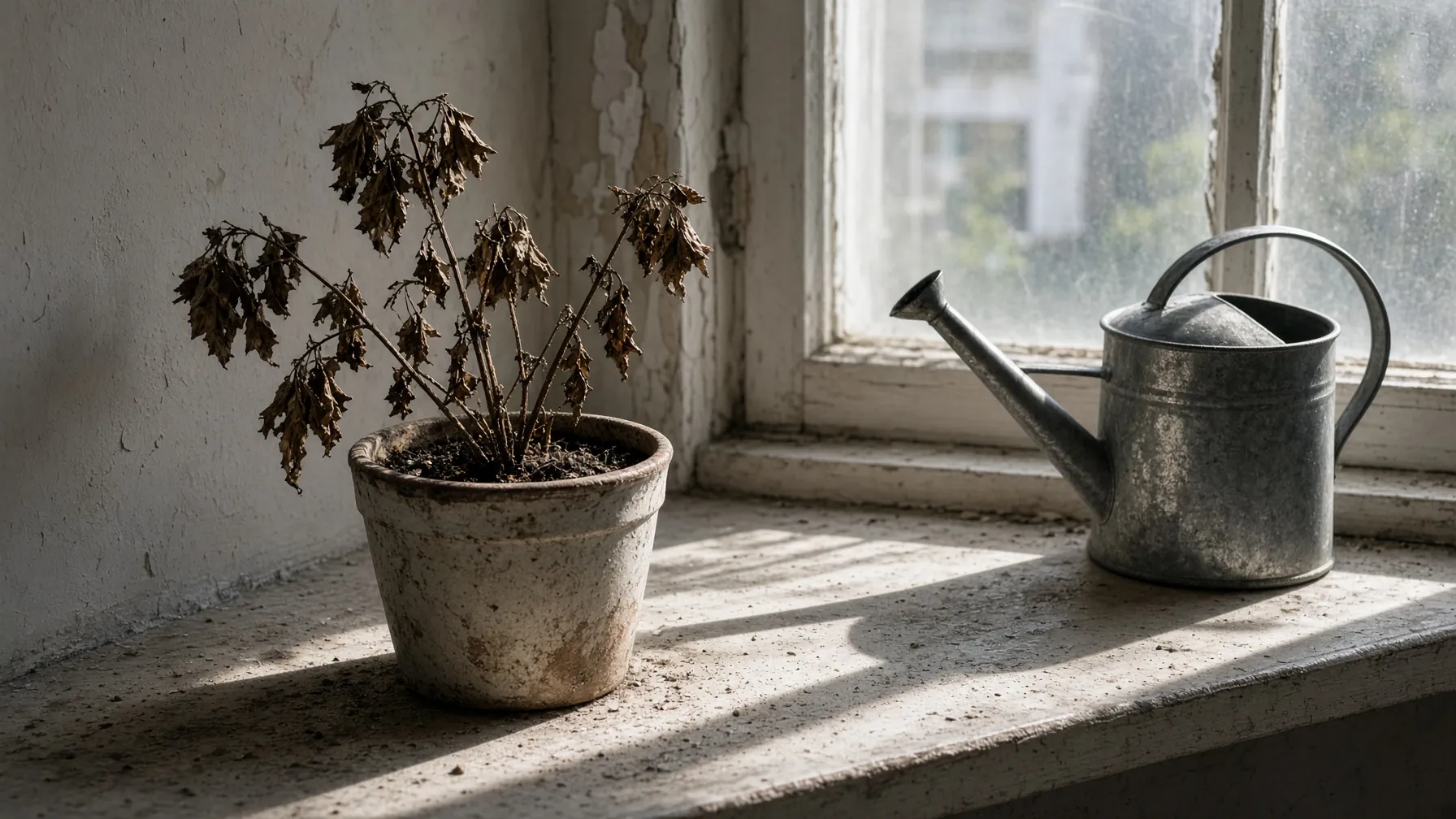 A crispy dead houseplant and a forgotten watering can