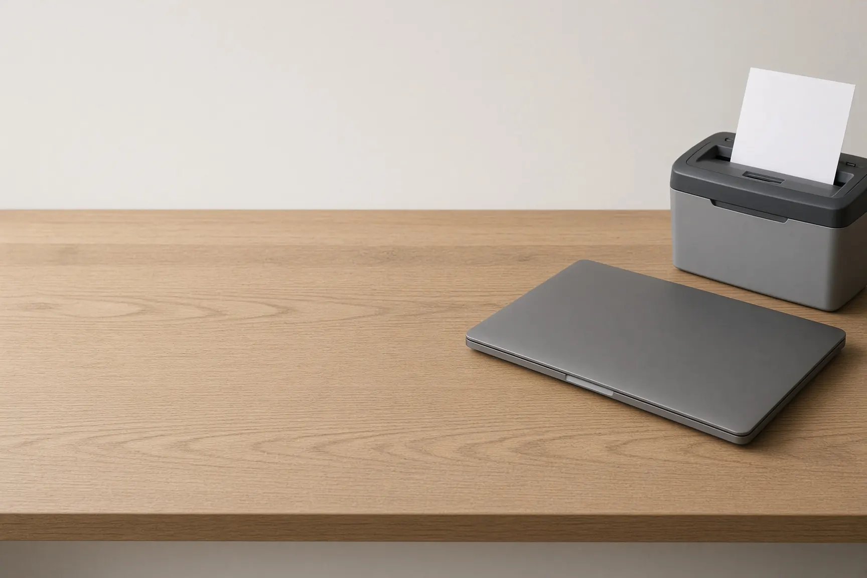 Calm desk, closed laptop, one page in a shredder