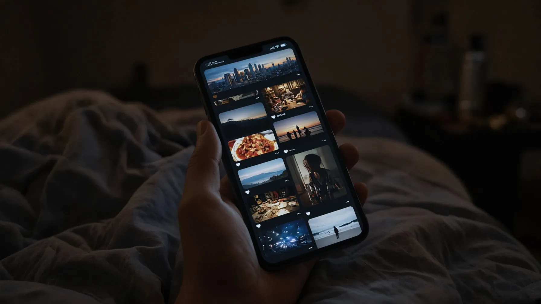 Years of old posts glowing on a phone in bed