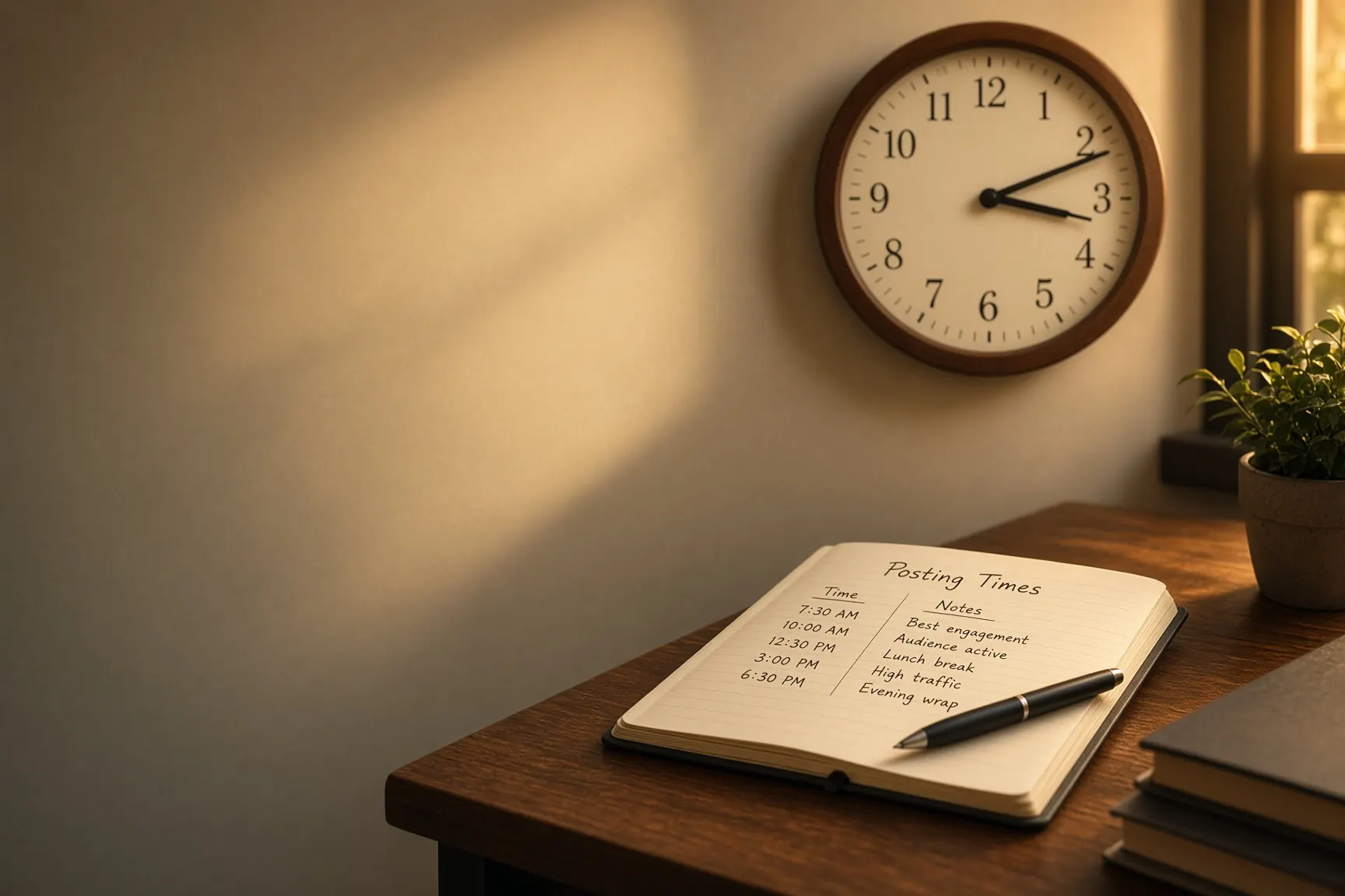 Wall clock and a notebook of posting times