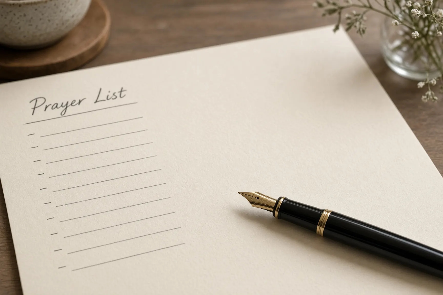 Handwritten prayer list and a fountain pen