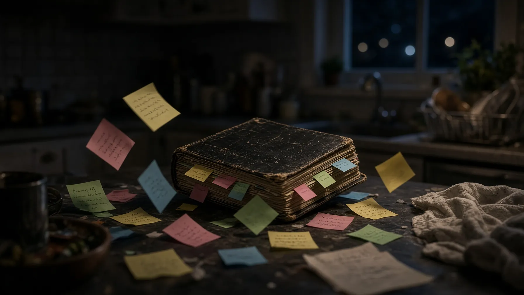 Sticky notes falling out of a worn Bible
