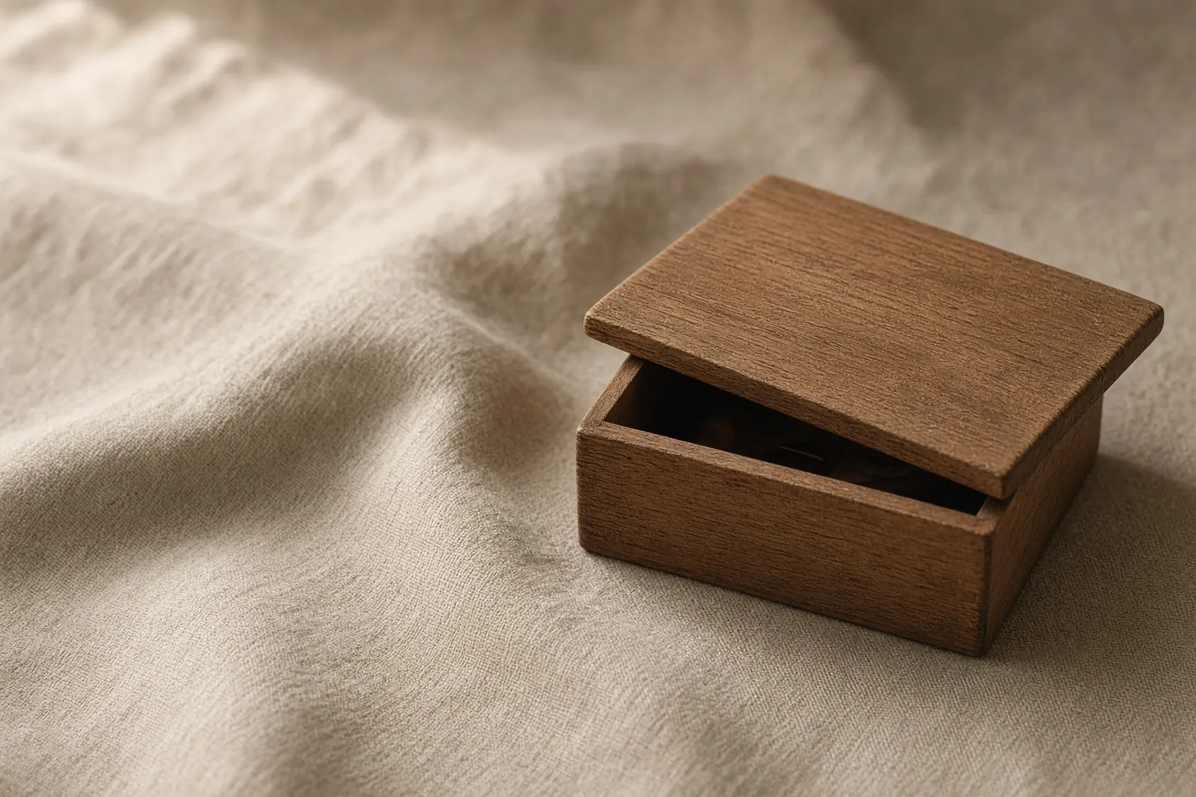 Small wooden keepsake box on linen, chapel-quiet light