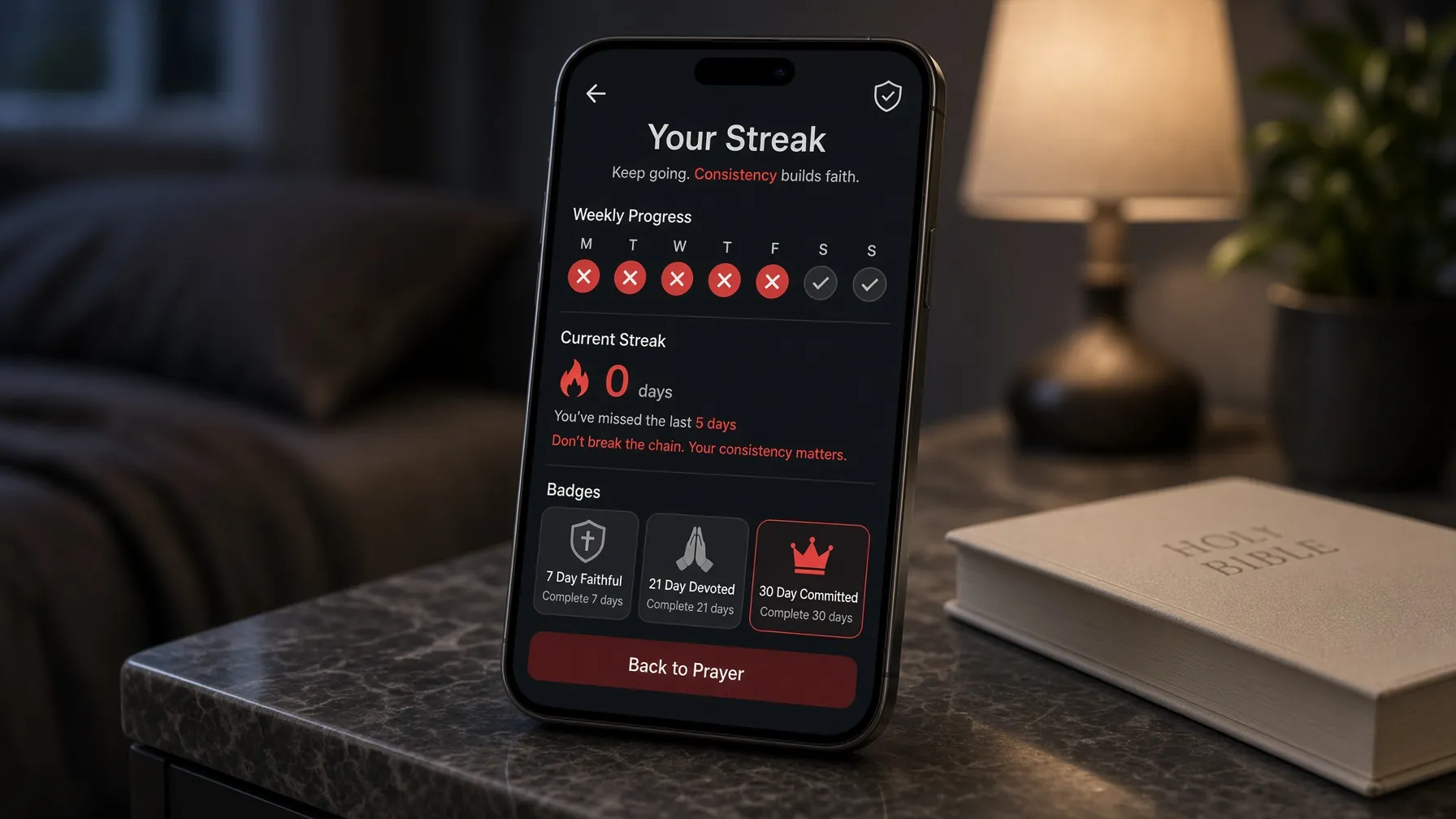 A phone streak screen with missed-day guilt