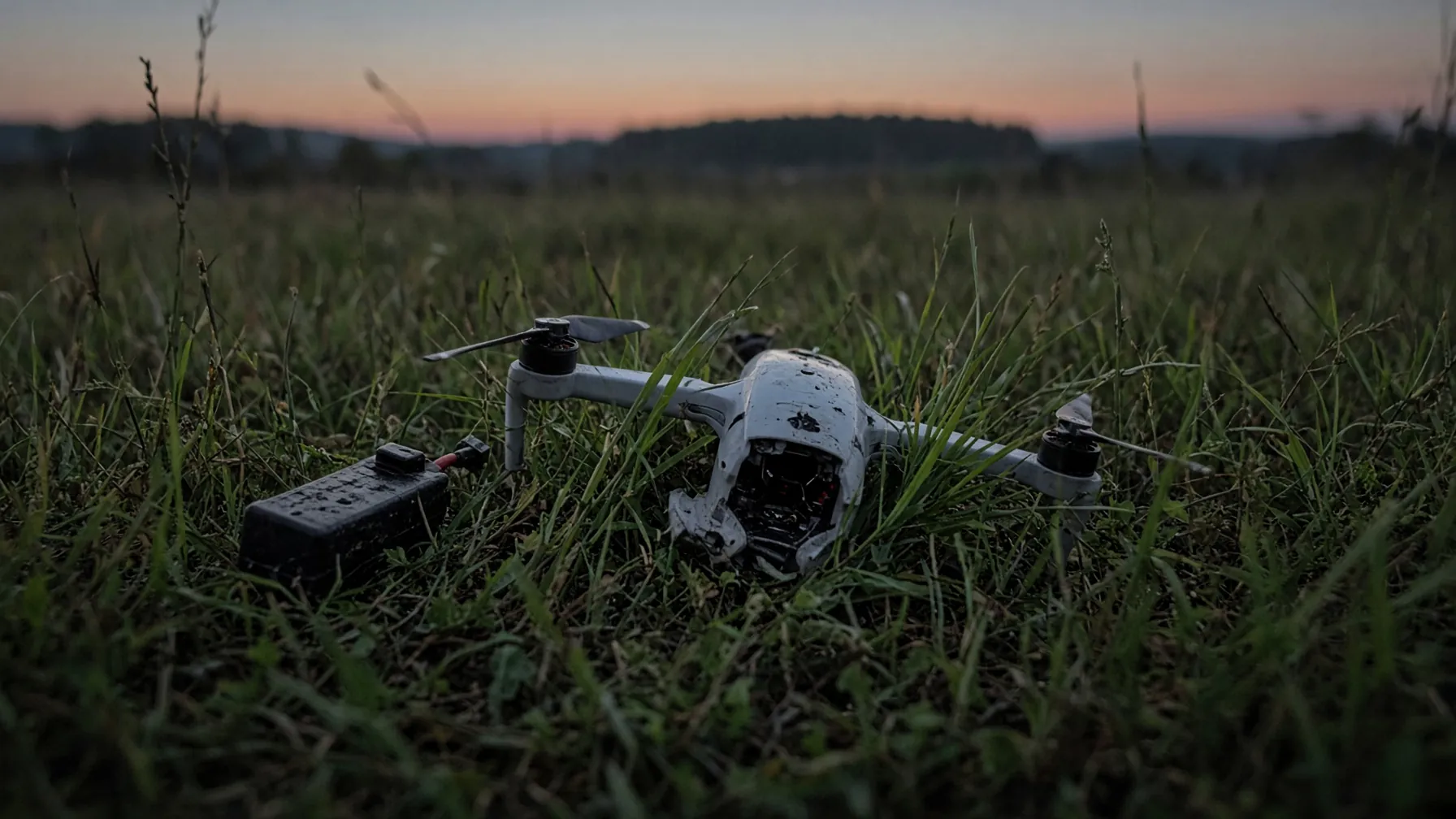 Crashed drone in tall grass beside a dead battery