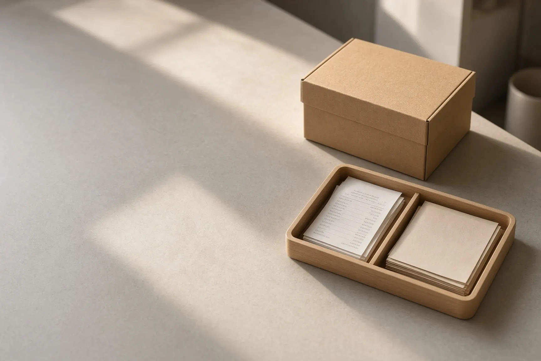 Organized receipts and a return package on a kitchen counter