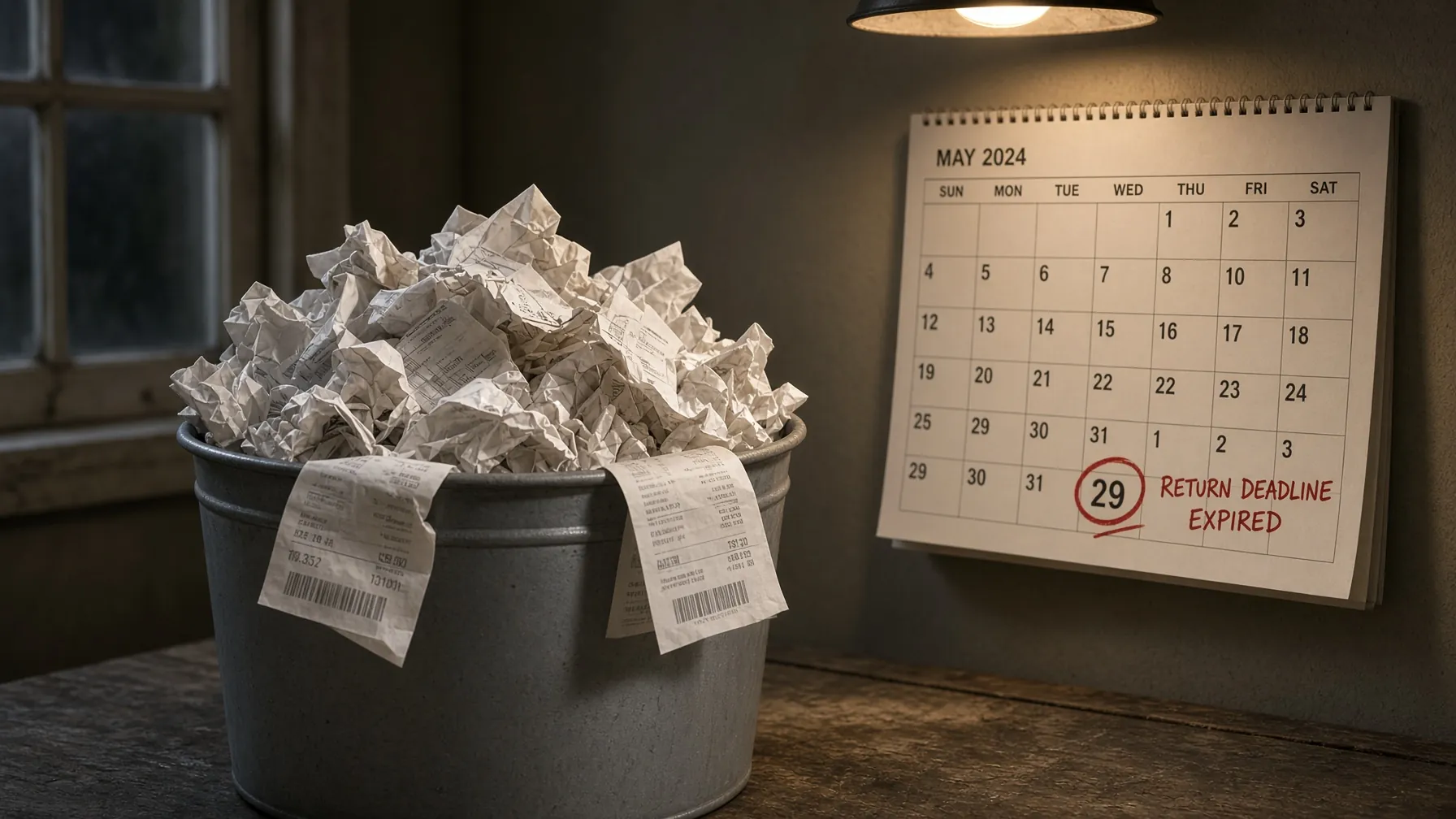 Trash of receipts and a calendar with an expired return date
