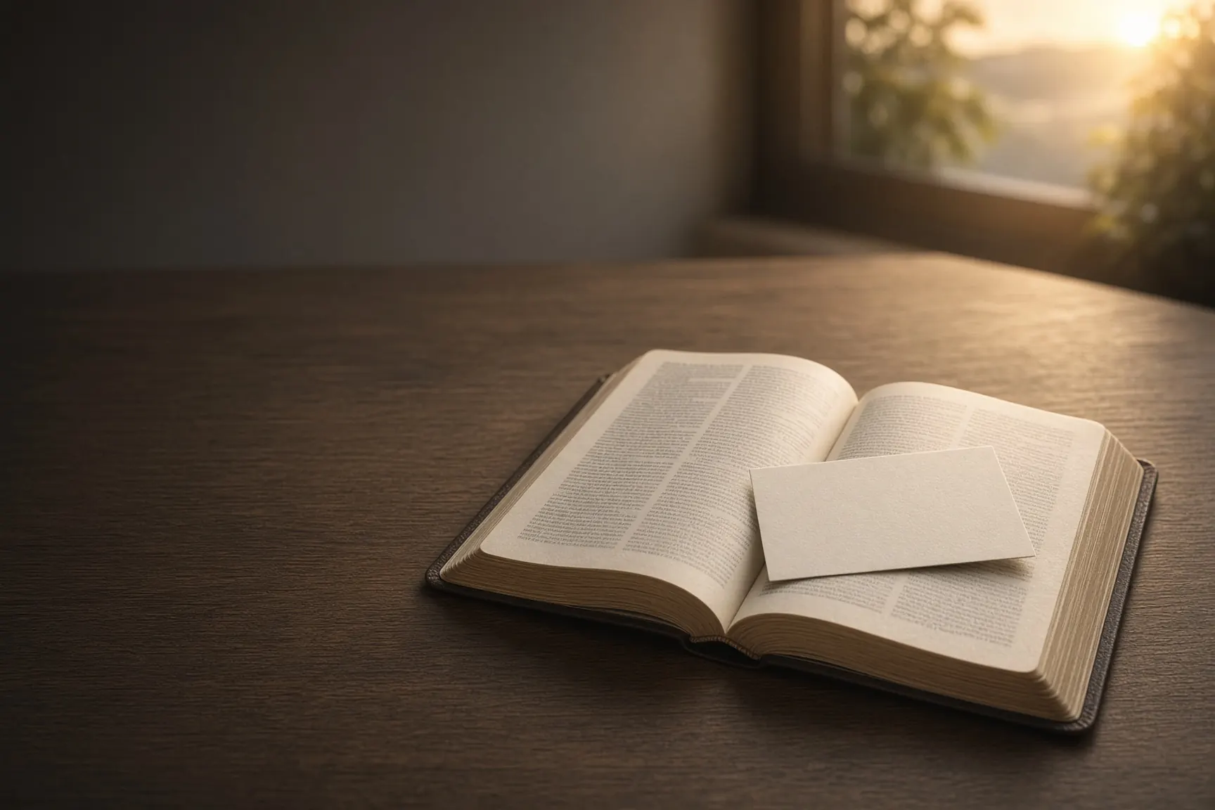 Open Bible at dawn with a blank memory card