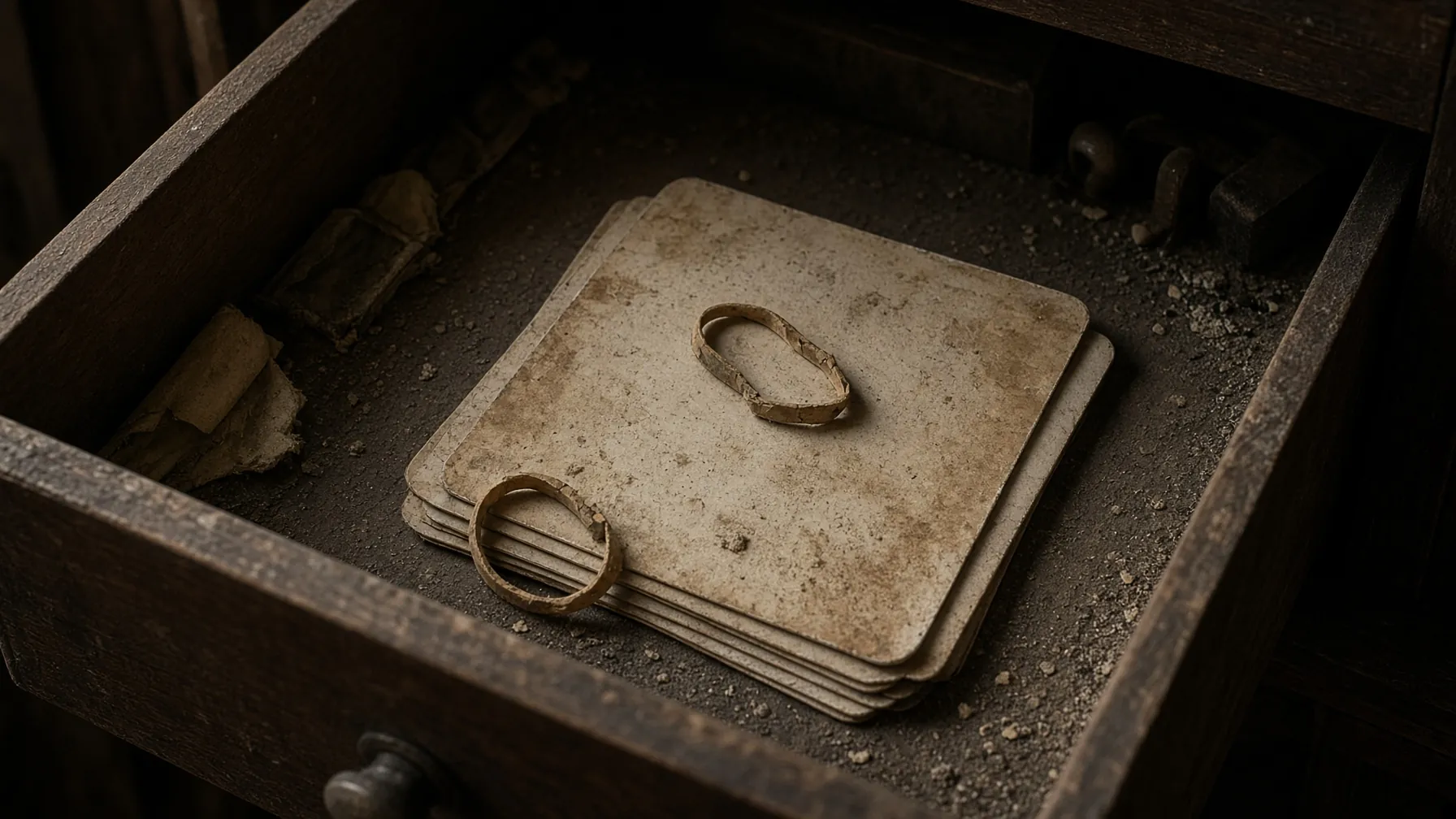 Dusty drawer of forgotten memory flashcards