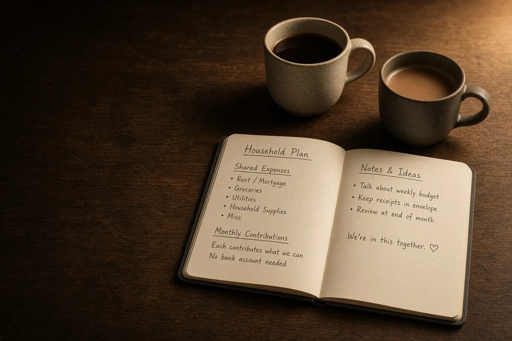 Two coffee cups and a shared household notebook
