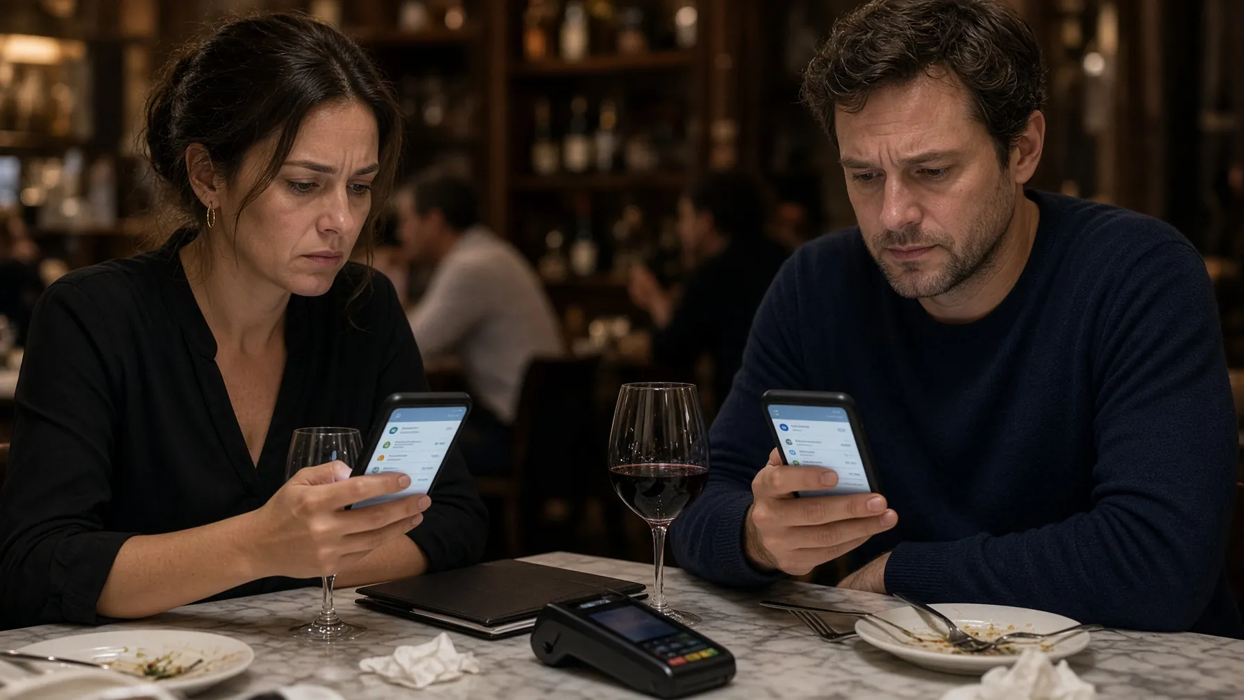 Couple both opening banking apps at dinner to split a bill
